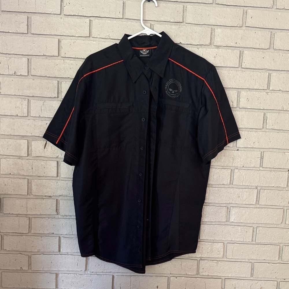 Harley-Davidson Black Shirt with orange Trim. size L, 100% polyester.